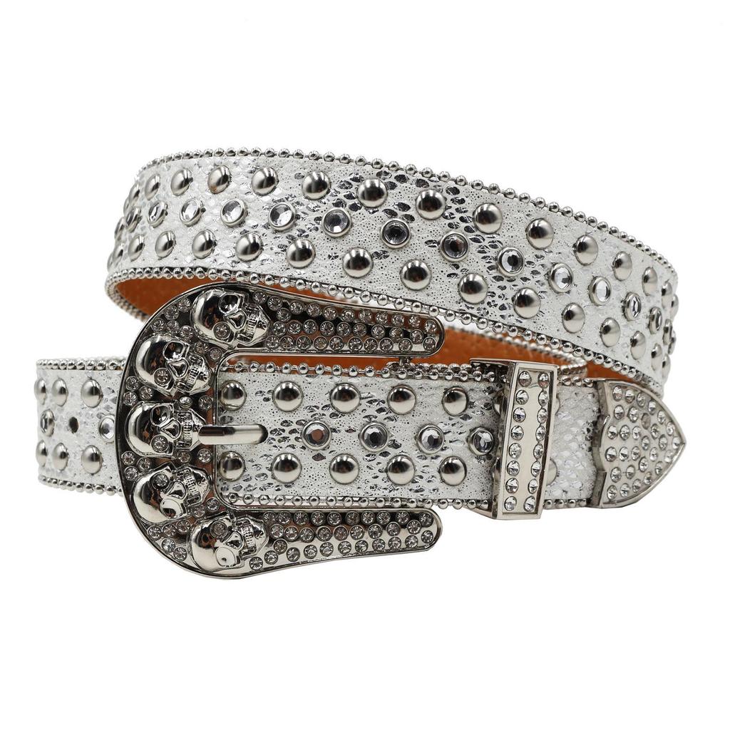 Women's European & American Rhinestone Skull Snake Skin Leather Belt - Extended Denim Style
