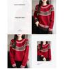 Women's Fair Isle Jacquard Knit Wool Sweater, Retro Round Neck, Long Sleeve, Thickened and Warm Base Layer.