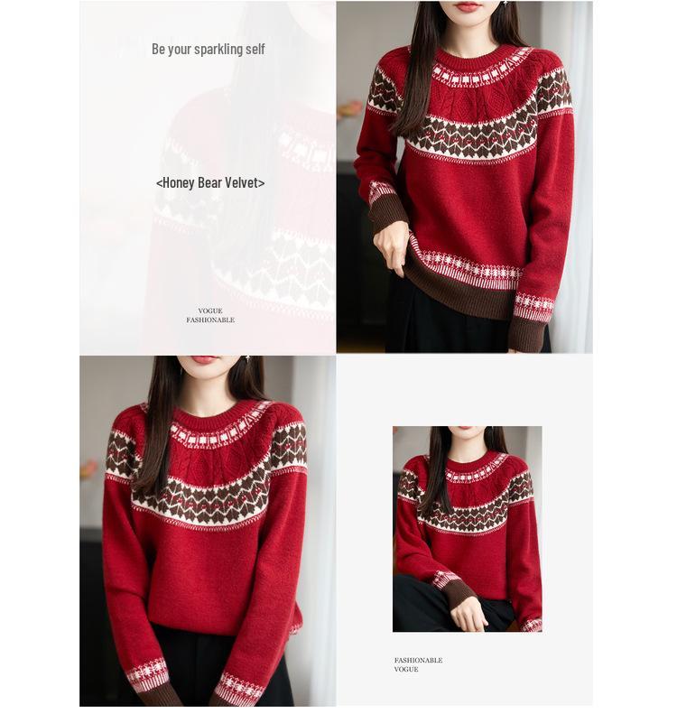 Women's Fair Isle Jacquard Knit Wool Sweater, Retro Round Neck, Long Sleeve, Thickened and Warm Base Layer.