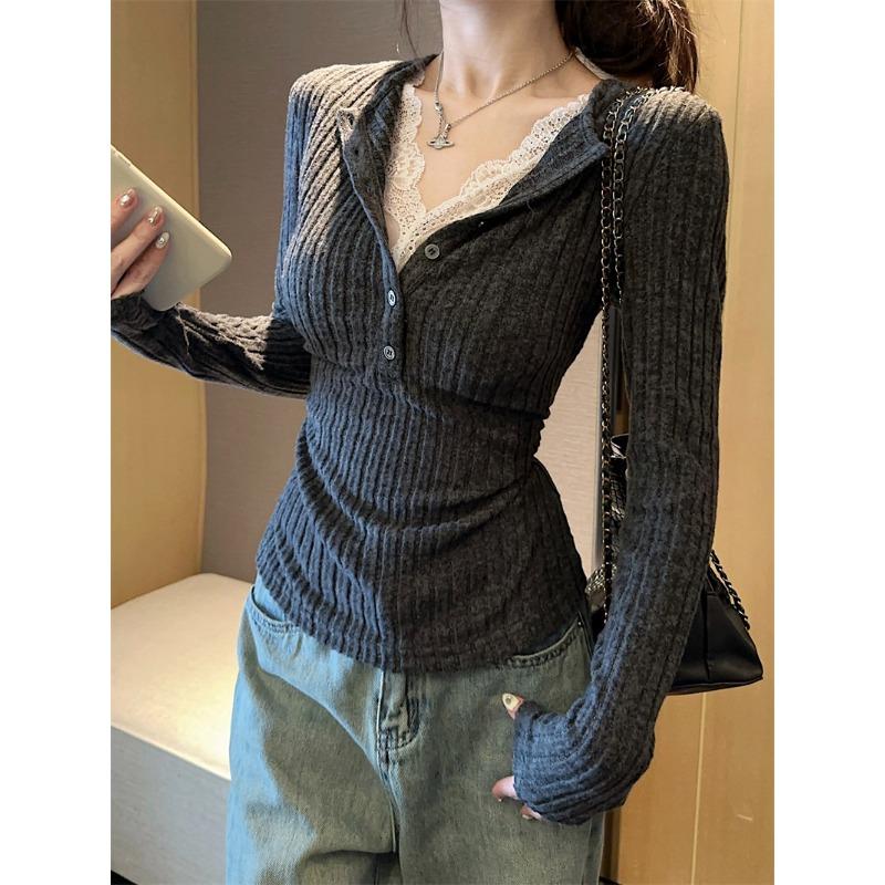 

Shaved collar fake two-piece lace long-sleeved shirt for women s autumn and winter new button-up semi-open neck bottoming top knitted sweater XL серый