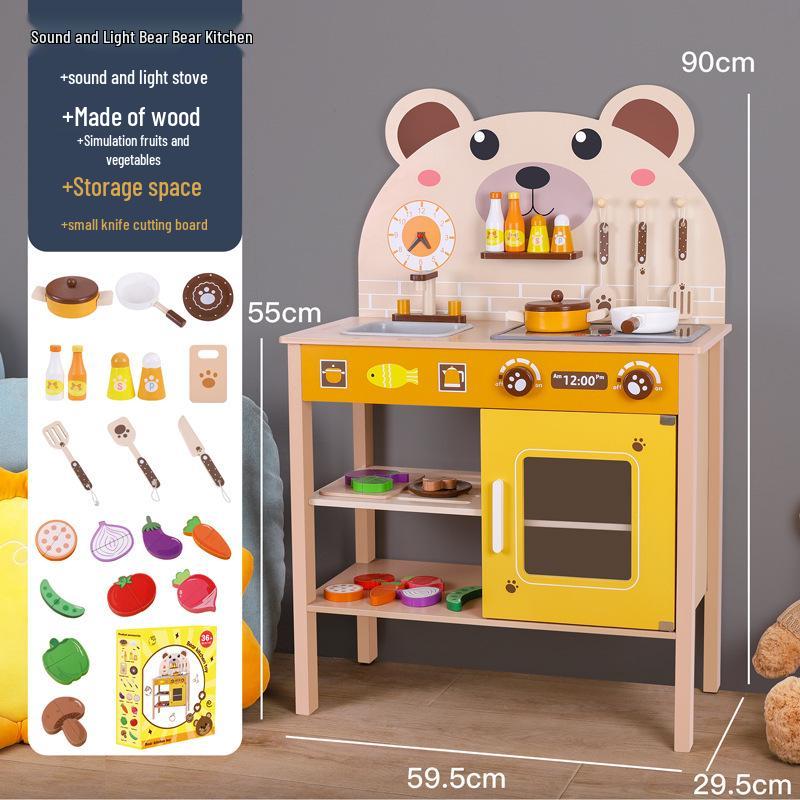 Wooden Play Kitchen Set: Bear Refrigerator, Stove, BBQ Cart, Food, and Vegetables Simulation Toy
