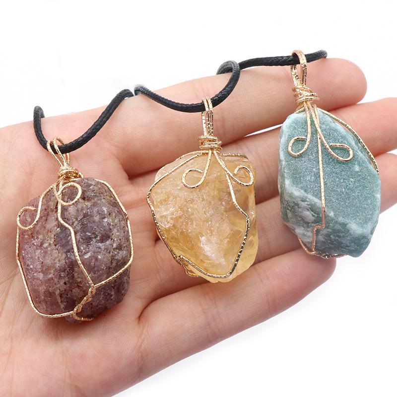 Citrine and Amethyst Wire Pendant Necklace with Pink, White, and Fluorite Aventurine Stones