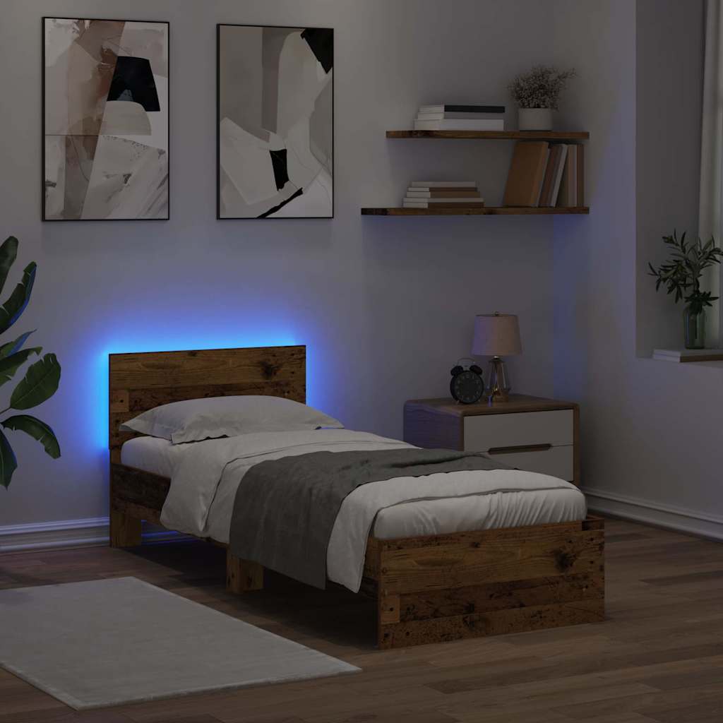 LED Bed Frame with Headboard Reclaimed Wood Look 75 x 190 cm Engineered Wood