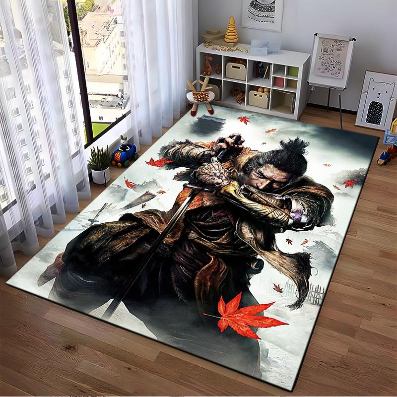 Samurai Design Carpet with Fall Leaves, Vintage Battle Warrior Artwork Suitable for Use As an Anti-slip for Living Room Bedroom Sofas