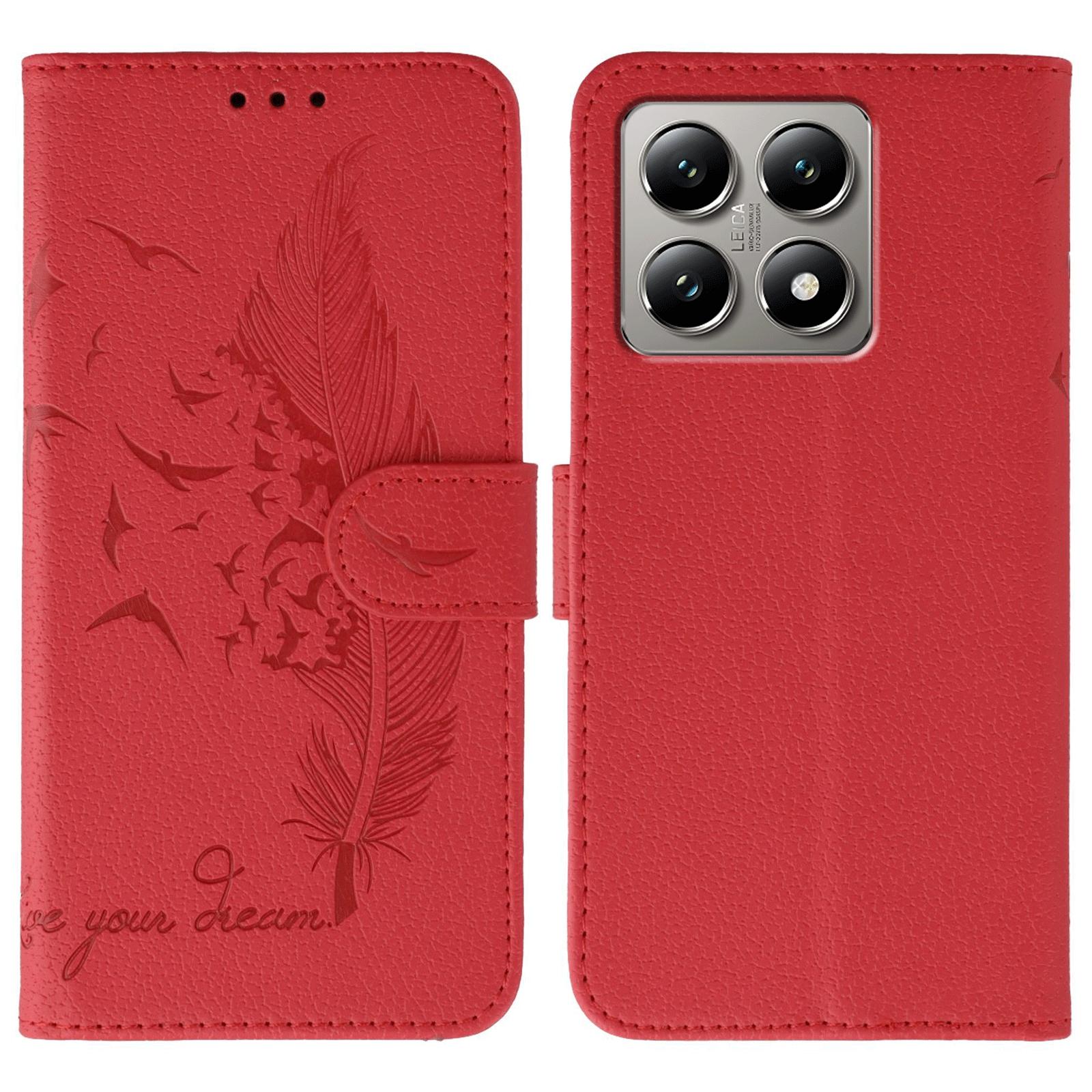 

For Xiaomi 14T Case Feather Imprint PU Leather Wallet Phone Cover Red