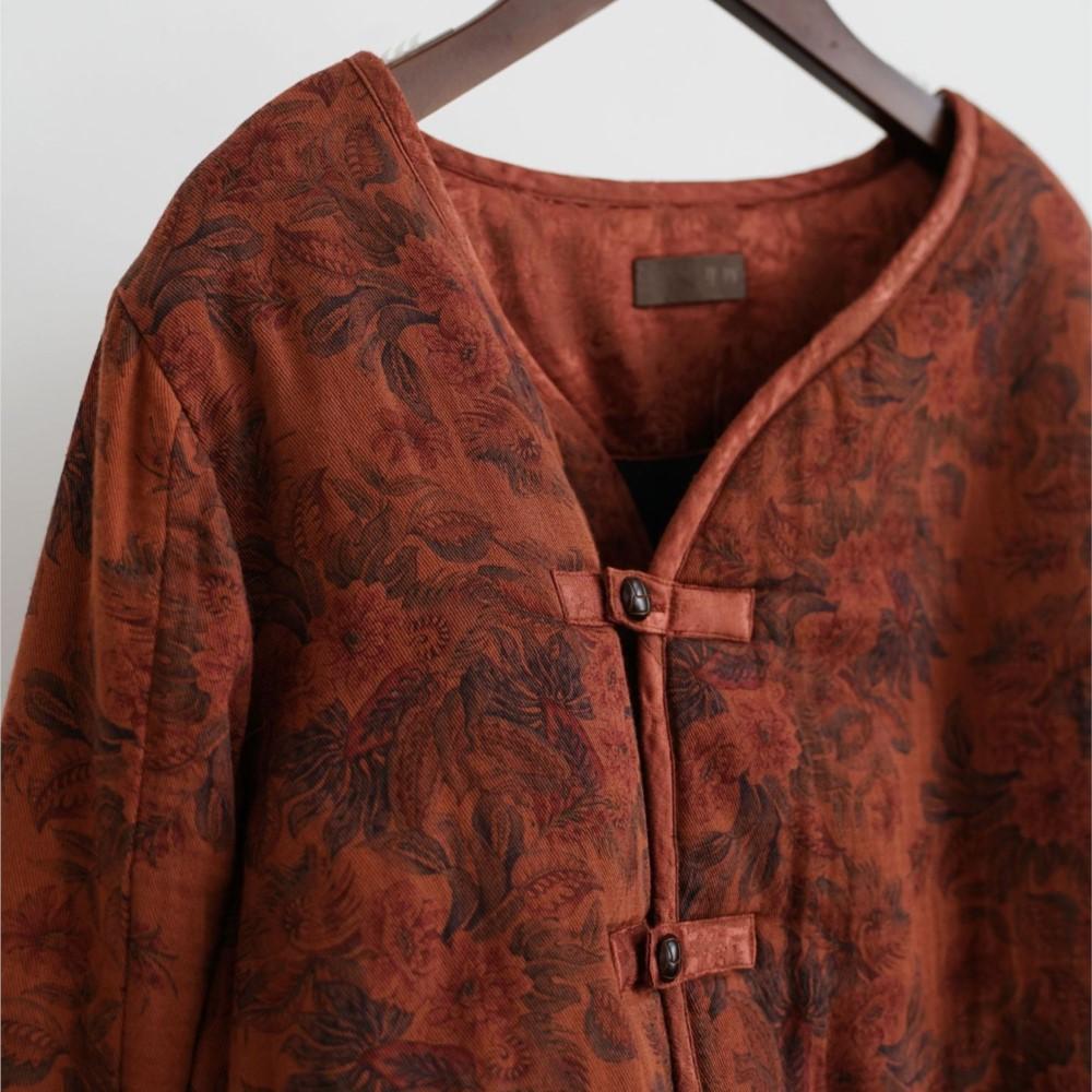 Johnature Women Vintage Winter Print Floral Thick Warm Coats Chinese Long Sleeve Button Female Coats