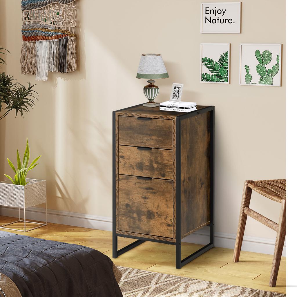 Bedroom Chest of Drawers, Industrial 3-Drawer Dresser, Storage Drawers Unit with Metal Frame for Living Room, Rustic Brown