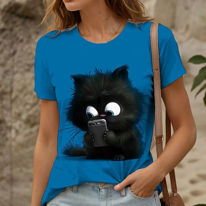 

Женская летняя футболка Ретро мода Футболки с коротким рукавом Повседневные топы с принтом котенка XL синий