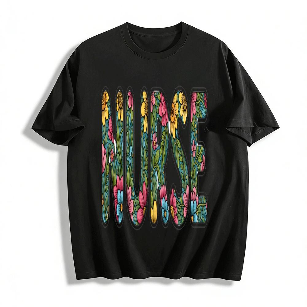 Floral Print Nurse Graphic Tee Women Casual Short Sleeve Nursing Top Pure cotton T-shirt XXS