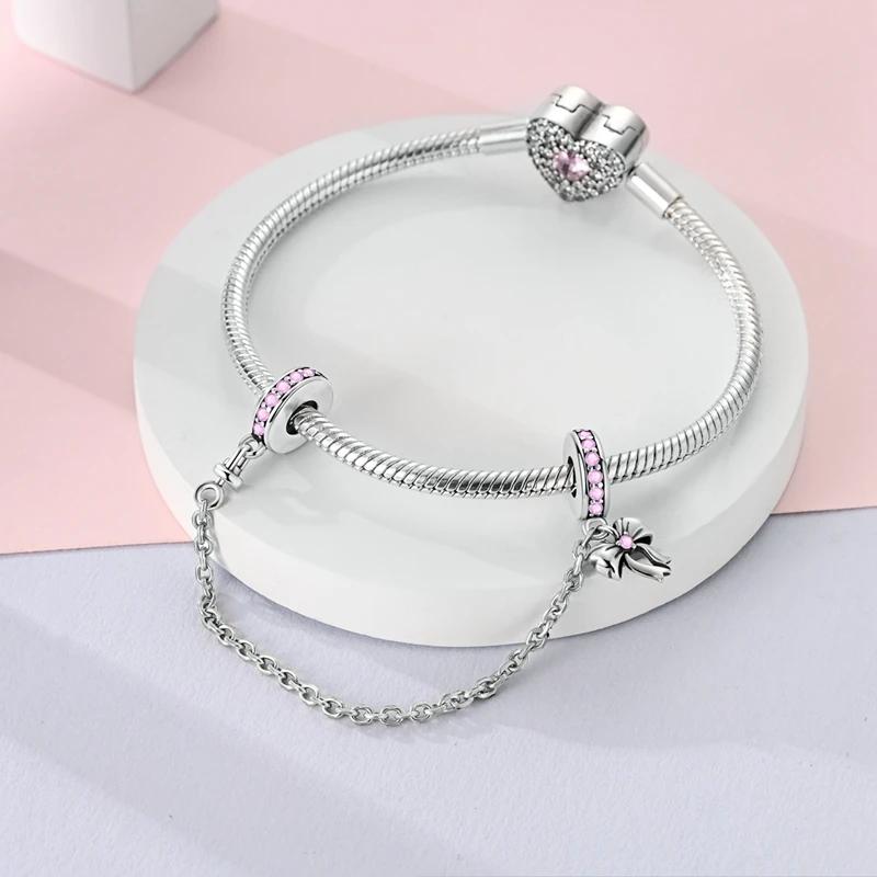Original Copper Women Bow Charms Bead Zirconium Pink Rosette Pendants Fit Bracelets Diy Jewelry Lover Friend Gift