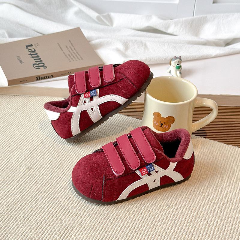 Children's cotton shoes for older kids, new autumn and winter models, girls' plush-lined non-slip leather panel shoes, boys' casual warm shoes