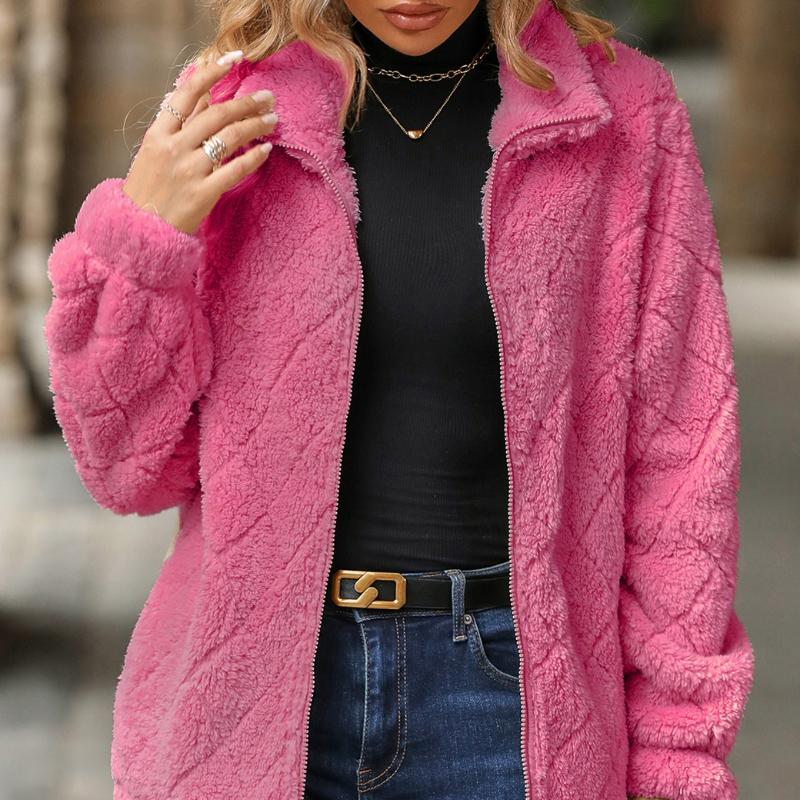 Women's Clothing, Autumn and Winter New Styles, Long Sleeved, Cardigan, Zipper, Diamond Shaped, Plush Jacket, Winter Thick Jacket, Plush Jacket