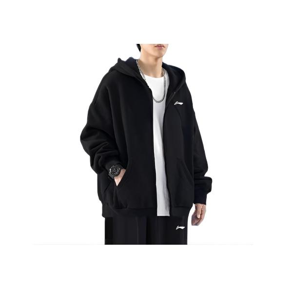 Li Ning Football Series Solid Color Loose Sports Hooded Zip Jacket Sweatshirt Men jackets Black AWDS421-1