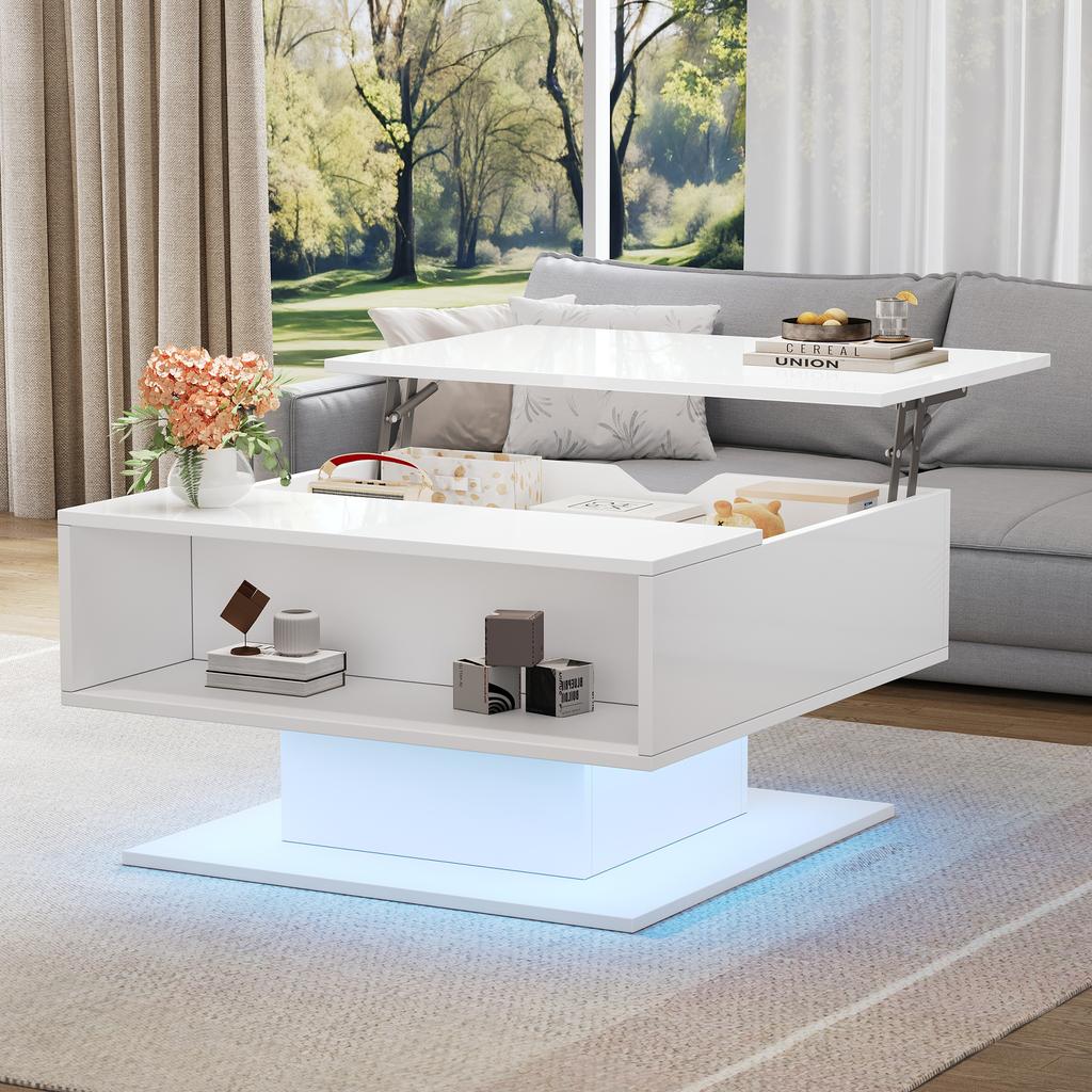 80*75*40cm Coffee Table with Hydraulic Lift, High-Gloss Sofa Table, Living Room Table with Storage, Semi-Open Storage, White