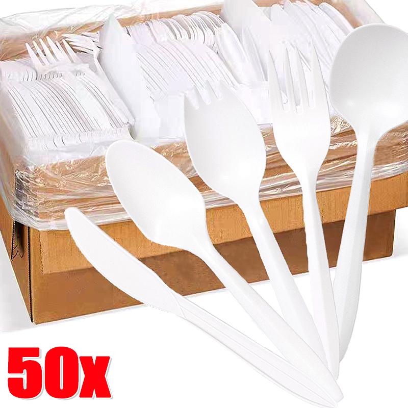 50-5Pcs Disposable Tableware Biodegradable Plastic Soup Spoons Fork Knife for Parties Lunches Picnics Desserts or Appetizers