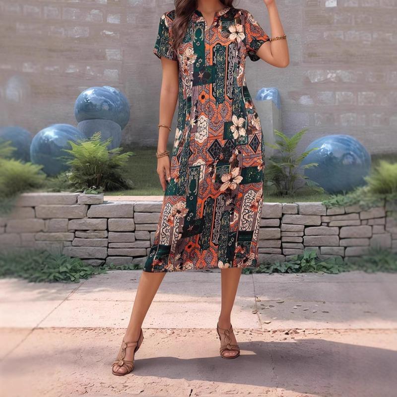 

Элегантное платье в стиле ретро с короткими рукавами и принтом для весенне-летней женской одежды XXL