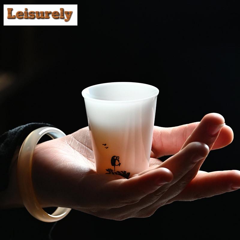 50ml Iced Jade Porcelain Tea Cup Dehua White Hand Painted Bird Single Master Cup Smelling Tea Bowl Water Jug Kung Fu Teaset Gift