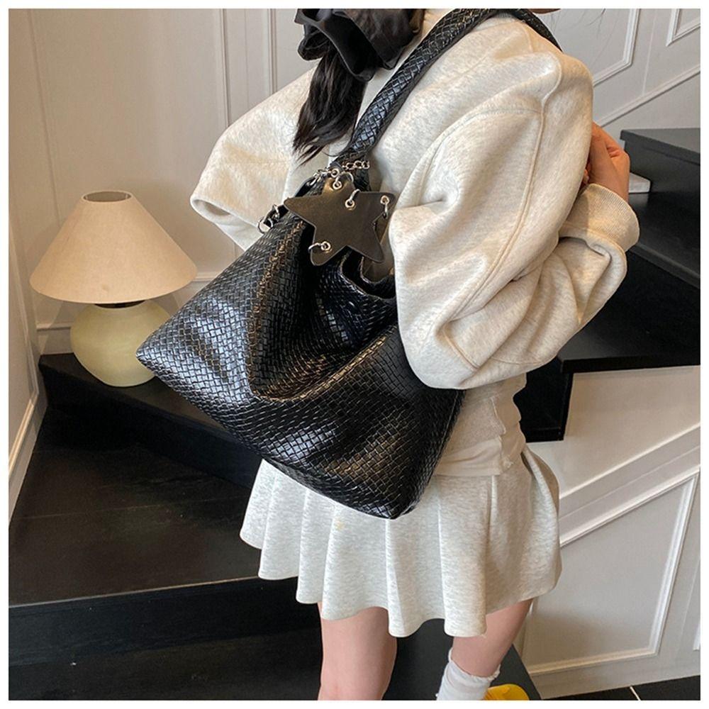 Large Capacity Weave Tote Bag Bucket Bag Silver Shoulder Bag Casual Pu Handbag  Students
