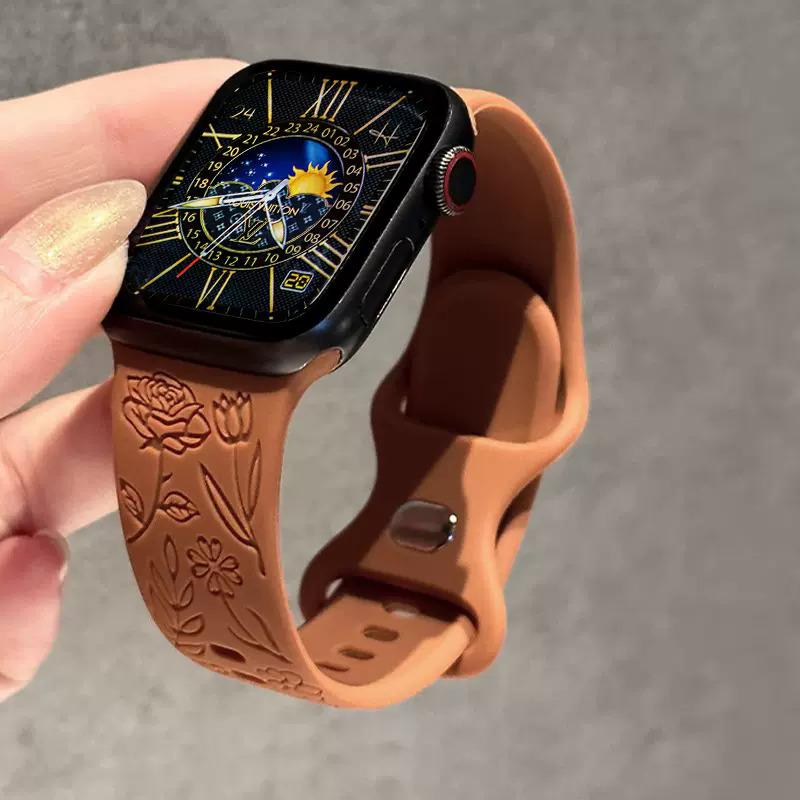 

Силиконовый ремешок для Apple Watch, ремешок iWatch с тиснением розы Applewatch 8, 7, 6, 5, 4, 3, 2 1se Ultra, 38 мм, 40 мм, 41 мм, 42 мм, 44 мм, 45 мм, 49 мм 42/44/45/49mm коричневый