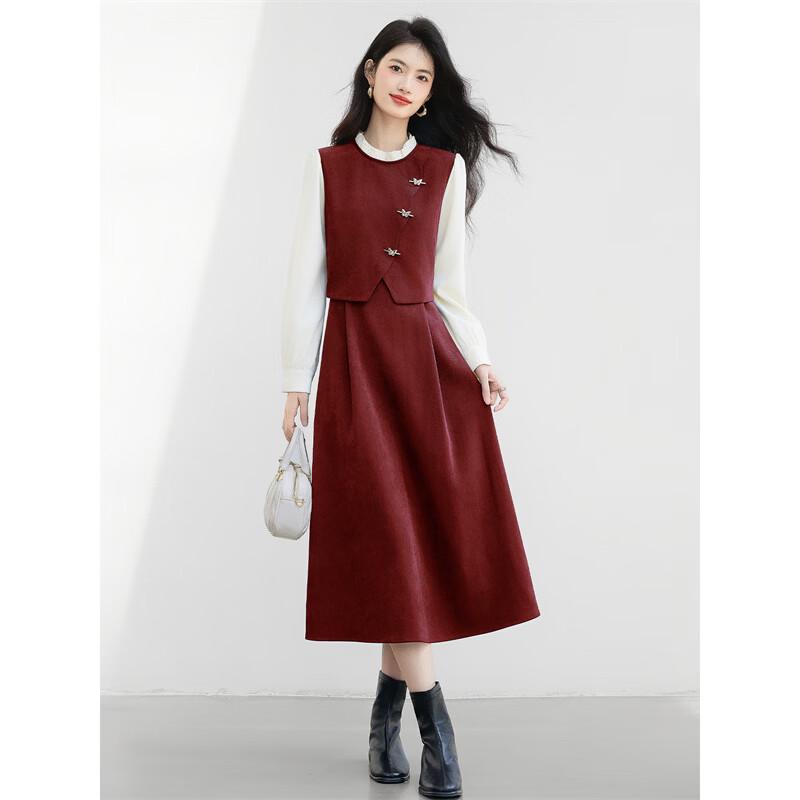 Elegant Burgundy Faux Two-Piece Midi Dress