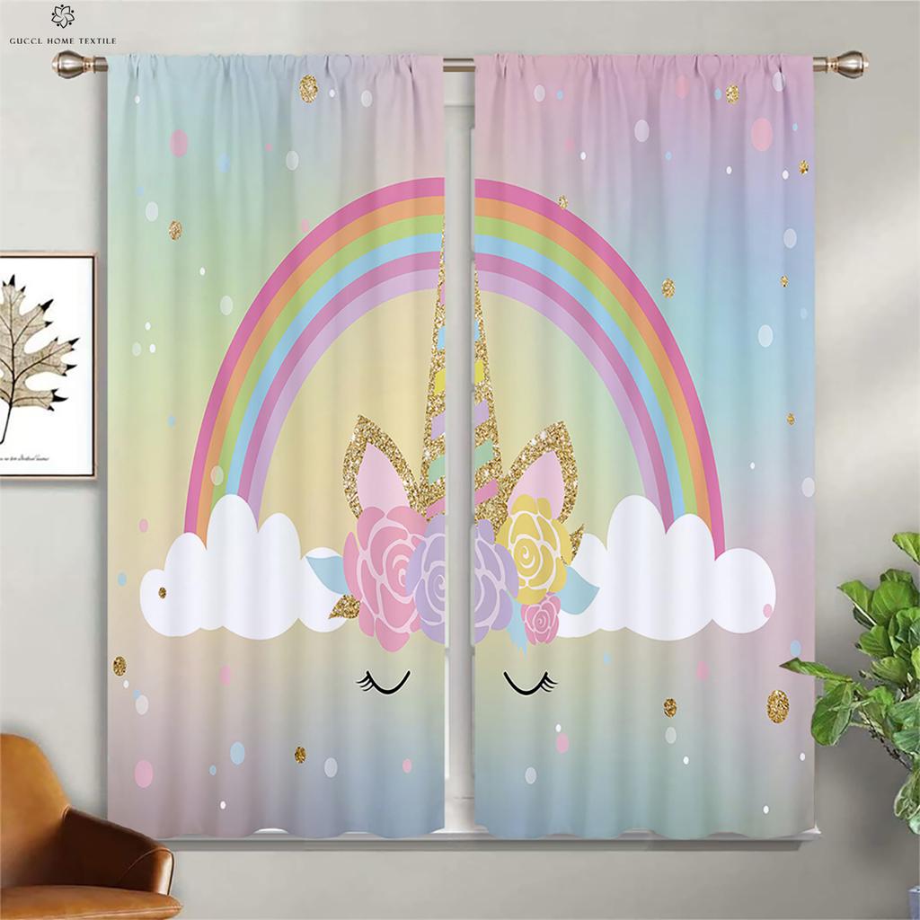 Custom Curtains for Kids Room, Dreamy Unicorn, Rainbow, Pink, Living Room, Kitchen, Window, Printed, 2 Pieces