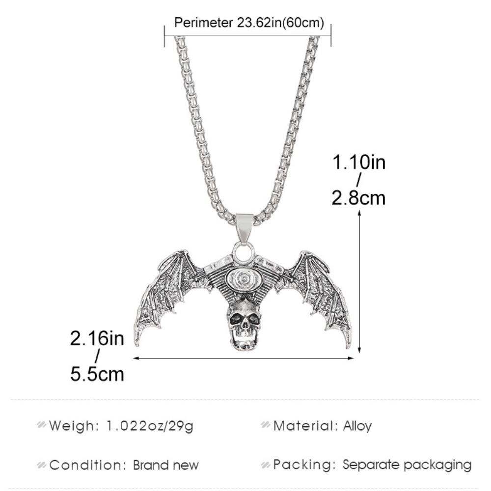 Dark Gothic Retro Sliver Color Skull Bat Wings Pendant Necklace for Women Men Hip-hop Long Sweater Chain Hallowmas Jewelry Gifts
