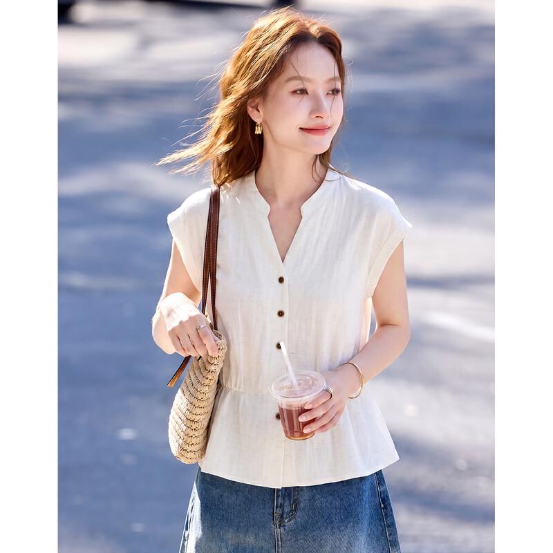 Women's Linen Lyocell Blend Pleated V-Neck Shirt