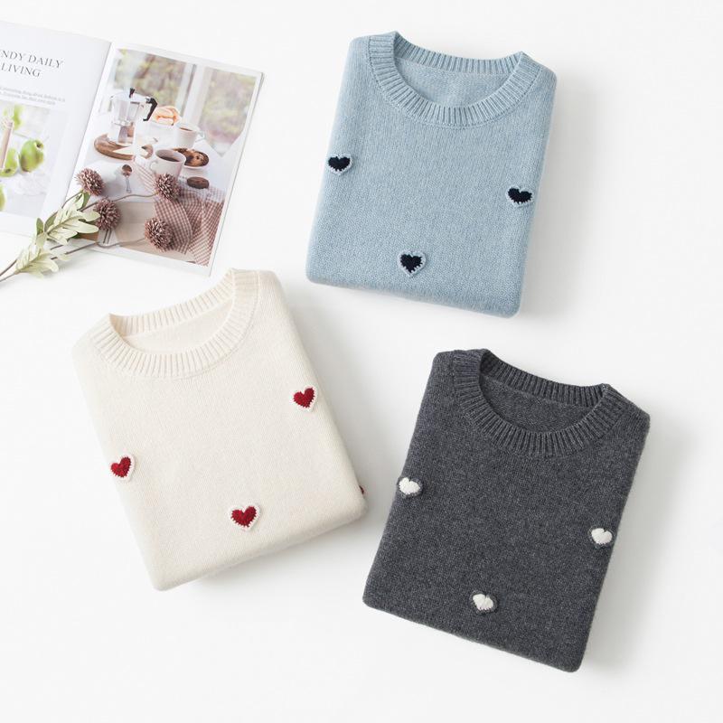 Korean Design 100% Pure Cashmere Heart Sweater - Thick Loose Fit, Versatile Casual Pullover for Women