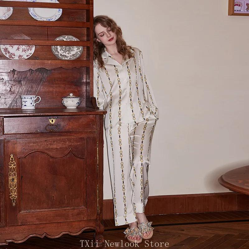 Comfortable Ice Silk Pajamas Women's Lapel Spring and Summer Long Sleeve Home Clothes