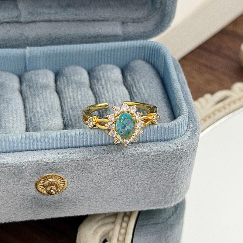 Light Luxury Court Style Gold Blue-Green Colored Treasure Open Ring Full Of Diamonds Zircon Gorgeous Jewelry Stacked With High-End Rings