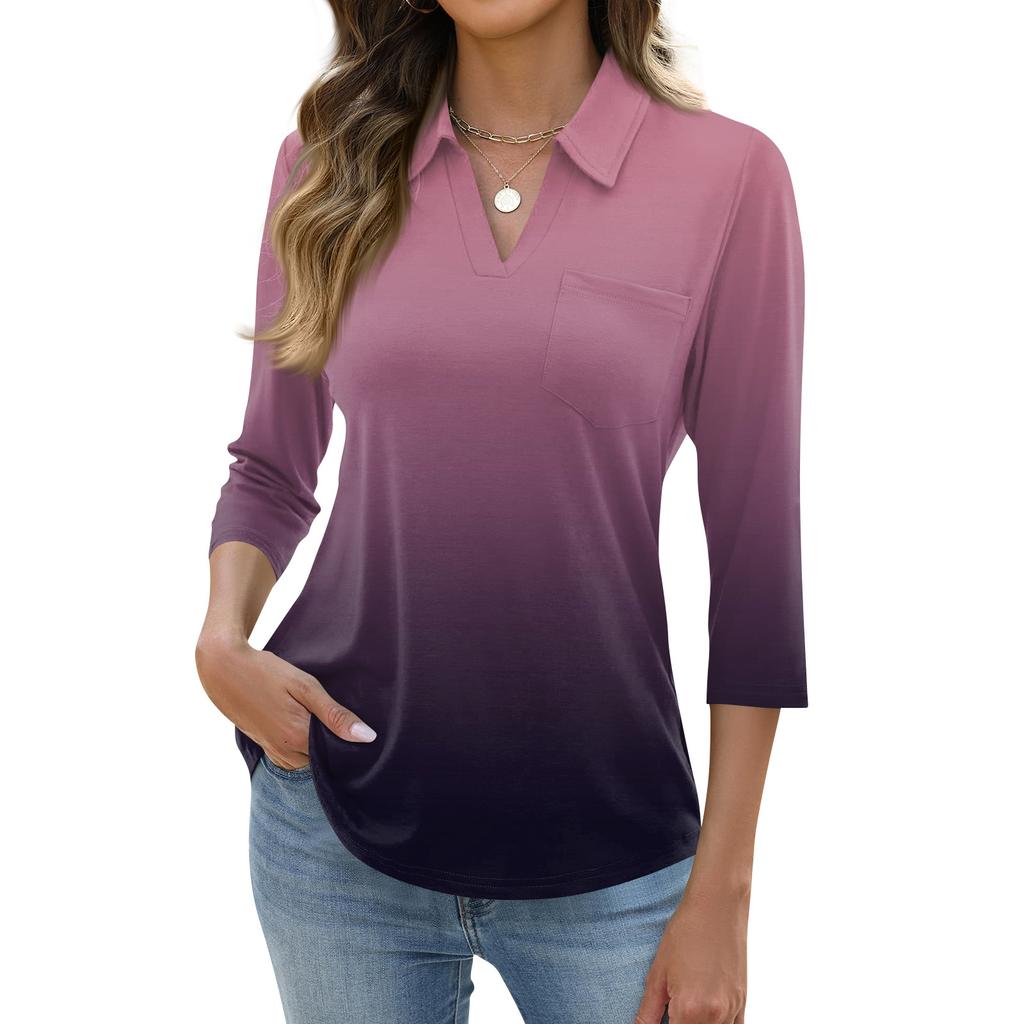 Women's Fashion Casual Lapel Short 3/4 Sleeve Print Shirt Women's Up Tops