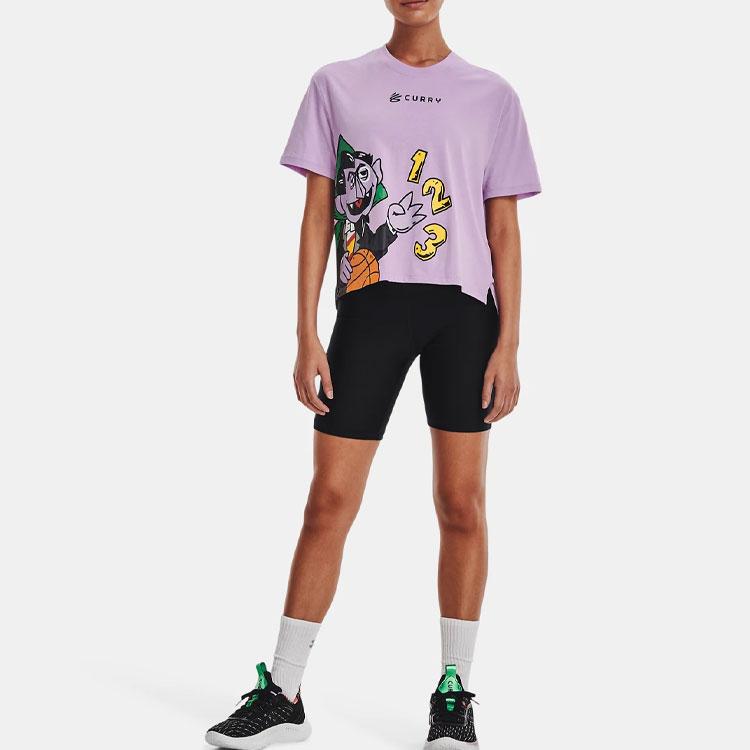 Under Armour X Sesame Street Cartoon Letter Print Basketball Sports High Neck Short Sleeve T-Shirt Women Tops Purple 1369705-566