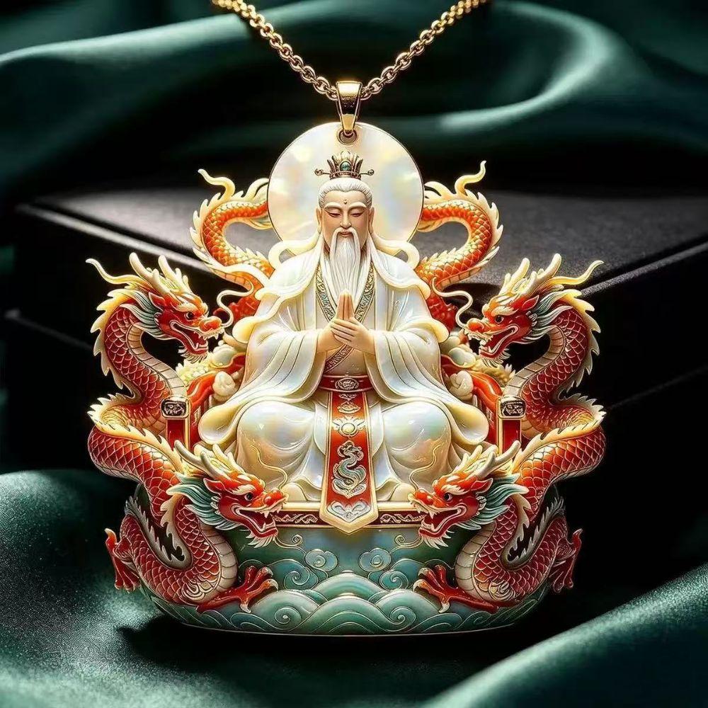 Carved Dragon Pendant Necklace Lotus Flower Lucky Amulet Dragon Pendant Traditional Chinese