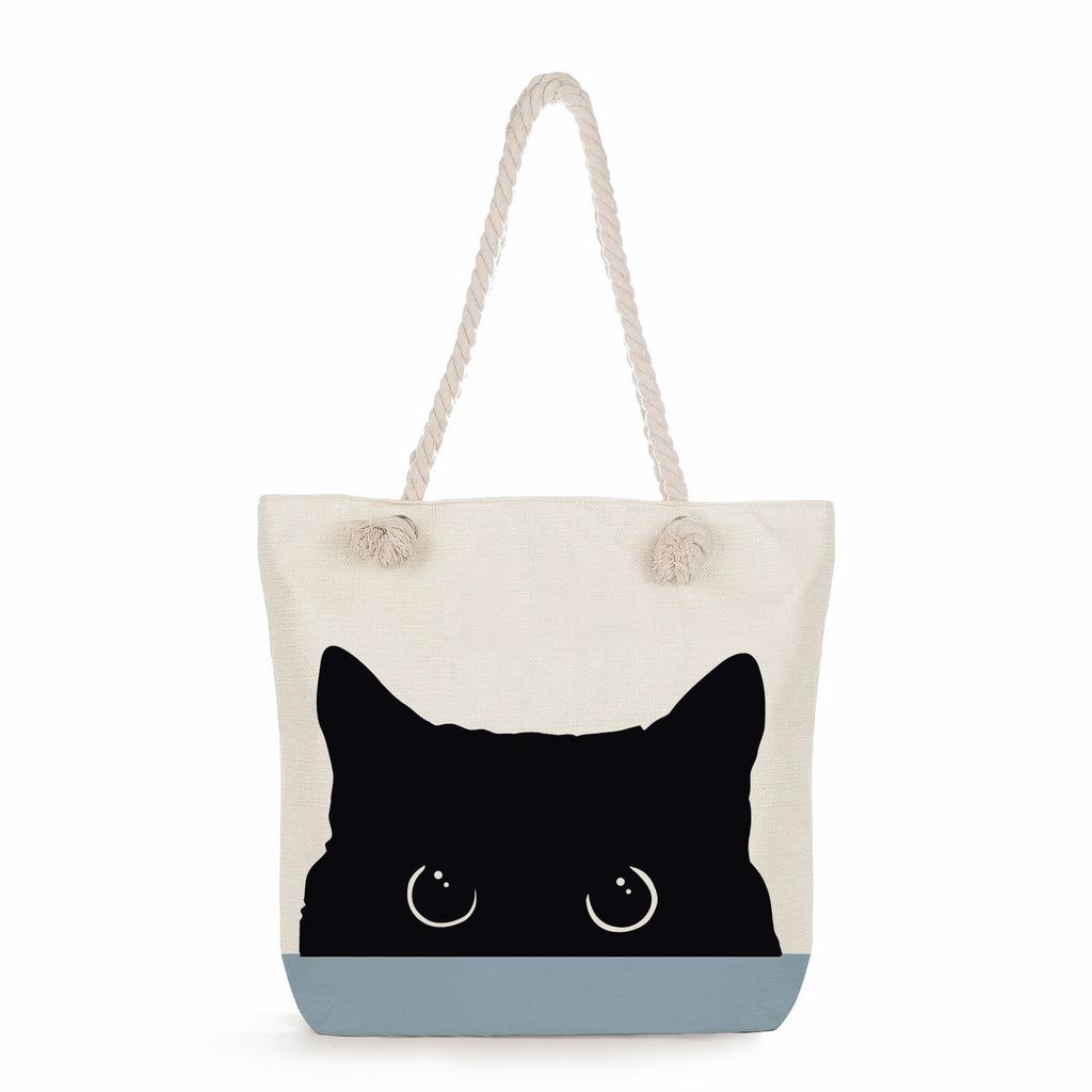 Bicolor cat print thick rope single-shoulder beach bag 7283 CLE