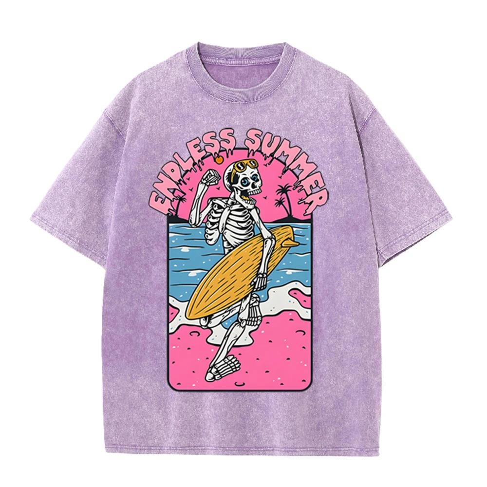 2026 Vintage Skeleton Surfer Endless Summer Graphic Black Acid Washed T Shirt Pink Beach Palm Tree Retro Cartoon Oversized Unise