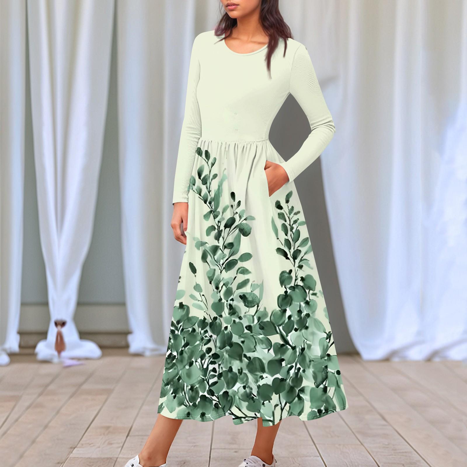 

Женское платье миди в стиле бохо с цветочным принтом и градиентом, повседневные платья с длинным рукавом, струящиеся платья со сборками и карманами, праздничные платья для женщин L