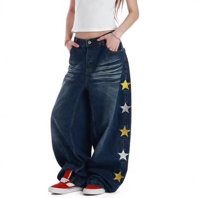 MKGO American Design Sense Washed Star Pattern Embroidered Jeans Women's Loose Casual Scimitar Wide-leg Pants Men