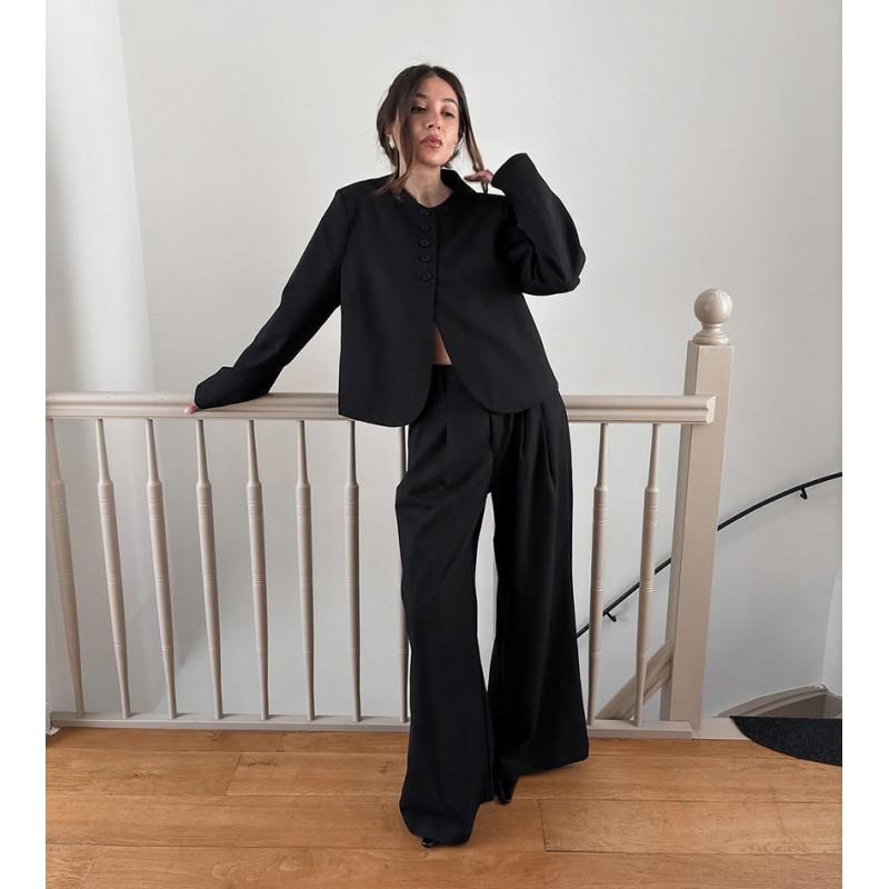 Womens Black Suit Set Long Sleeve Top Pants Elegant Casual 2-Piece Outfit