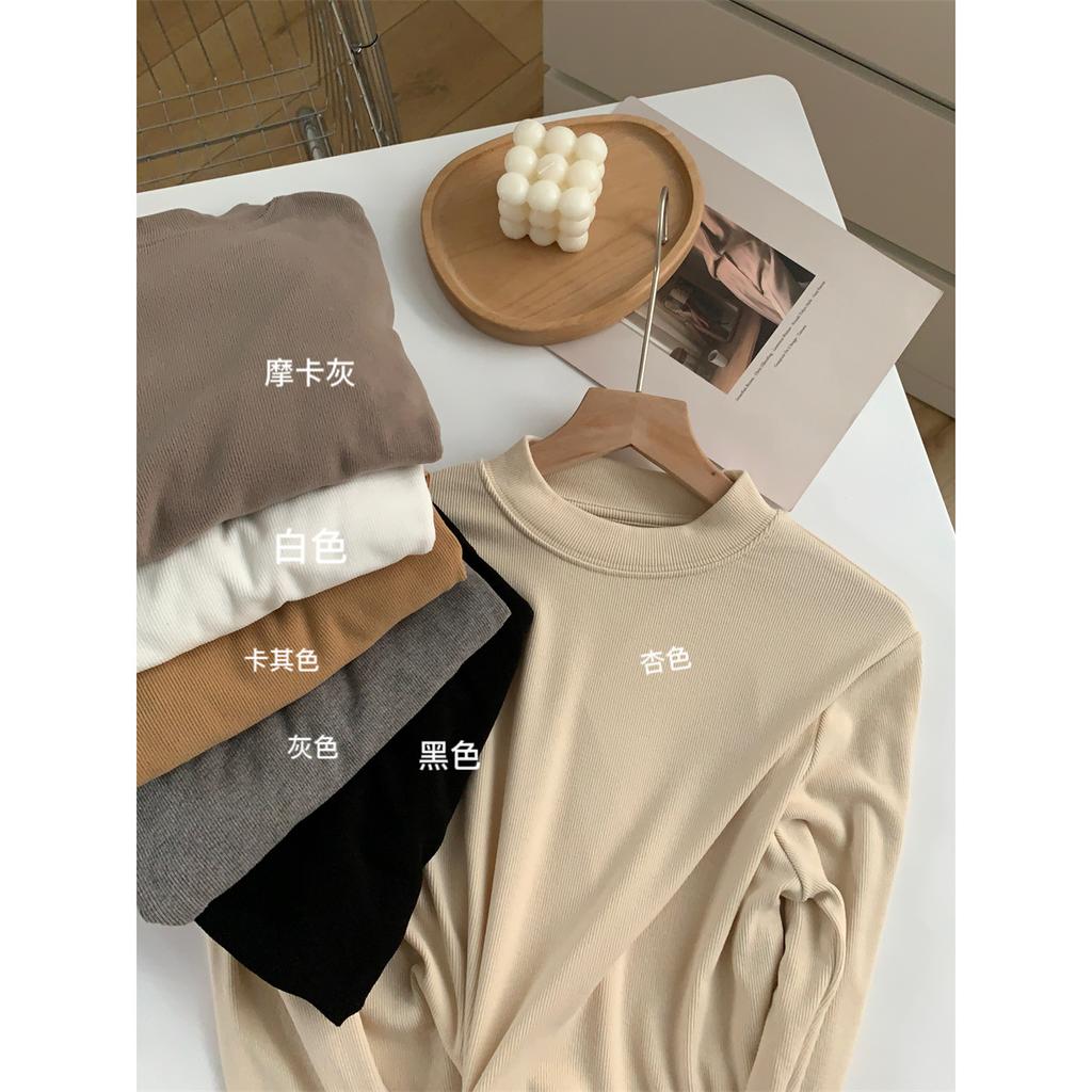 Small Stand Collar Cashmere Undercoat Women's Wear with Autumn and Winter White Long-sleeved T-shirt Slim Fit Plus Cashmere Frosted Solid Color Blouse