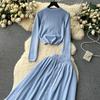 High-End-Lazy-Style-Strick-Fashionset-Damen-Zweiteiler-Anzug für Herbst und Winter, Rundhals-Oberteil + Faltenrock mit hoher Taille