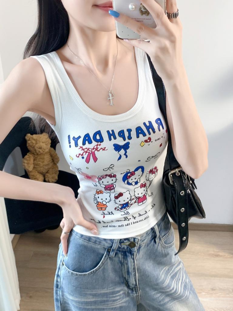 #Summer new sweet wind cartoon print splicing round neck vest female slim fixed with chest pad top