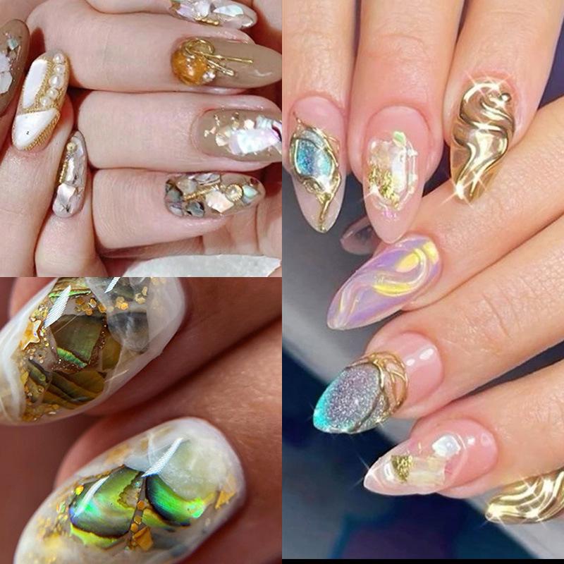 Ultra-Thin Abalone Nail Art Kit: 12-Grid Mixed Ornaments with Shells, Rivets, Pearls, and Rhinestones.