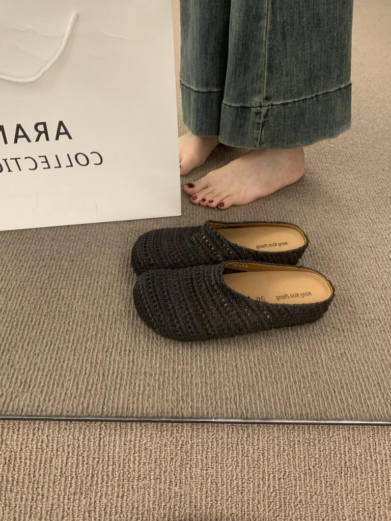 Niche hand-woven hollow breathable bag head half slippers women's summer outer wear wind thick bottom