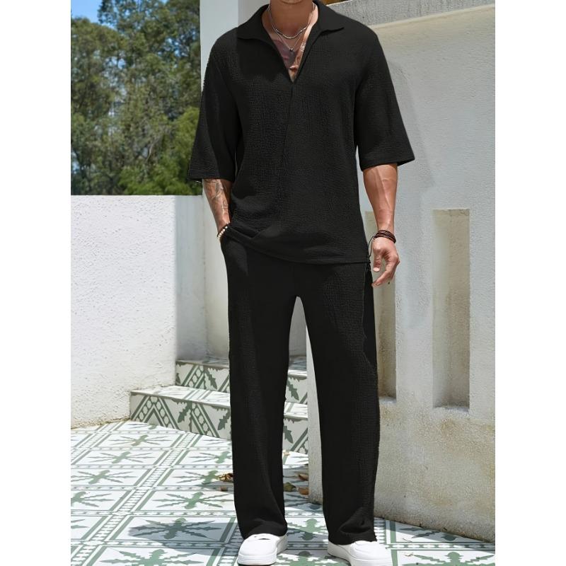 Men Casual Commute Solid Color Short Sleeve Shirt Long Pants Two Piece Set
