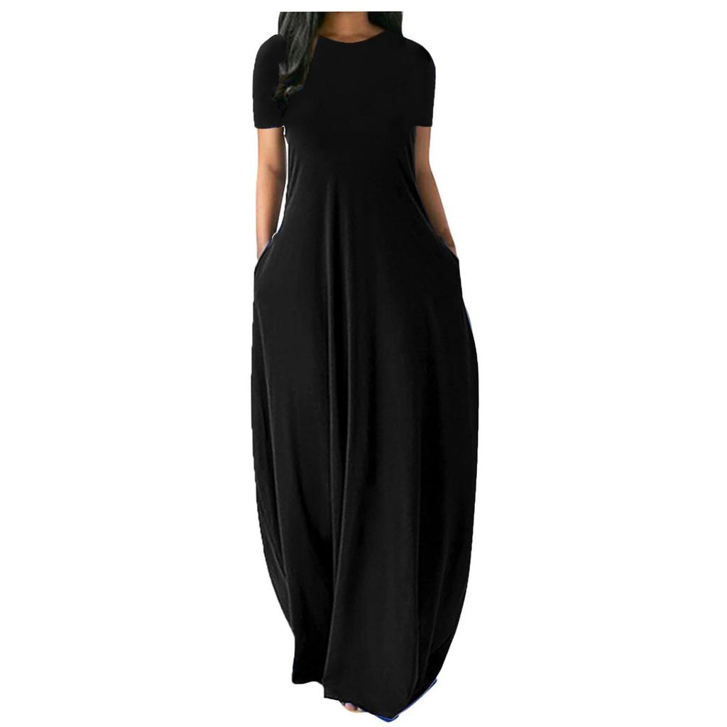 Plus Size Women’s Solid Color Round Neck Pocket Maxi Dress – Short Sleeve, Loose Fit