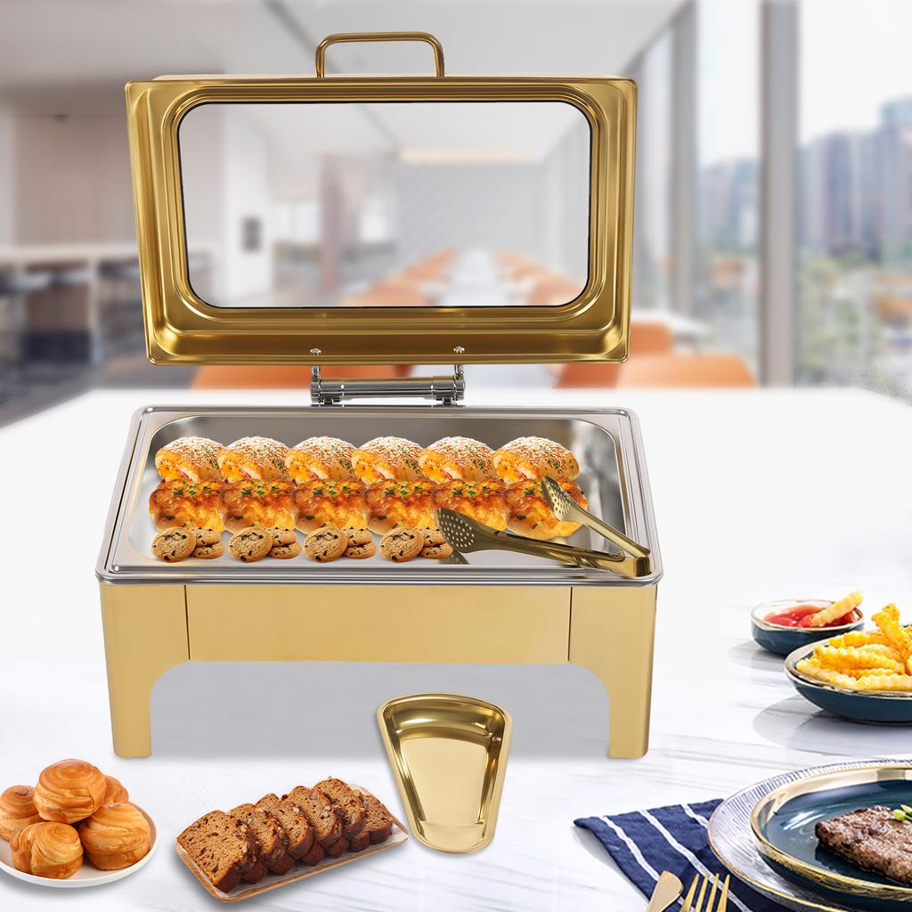 Gold 10L Single Compartment Buffet Chafing Dish, Commercial Food Warmer with 201 Stainless Steel Frame & Pans, Heated Server