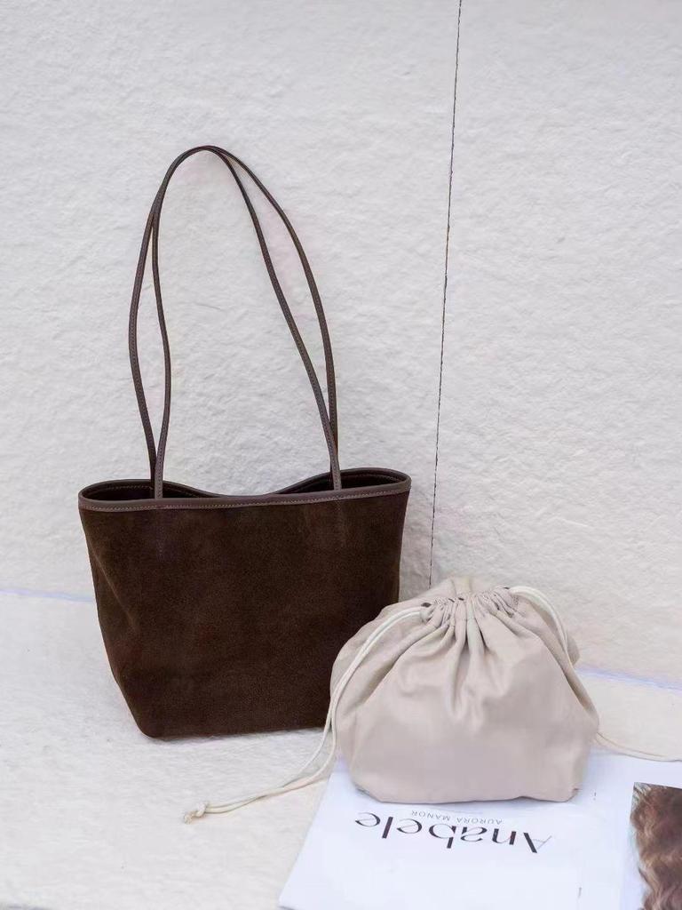2025 Autumn/Winter Women's Genuine Leather Suede Tote - Large Capacity Bucket Bag