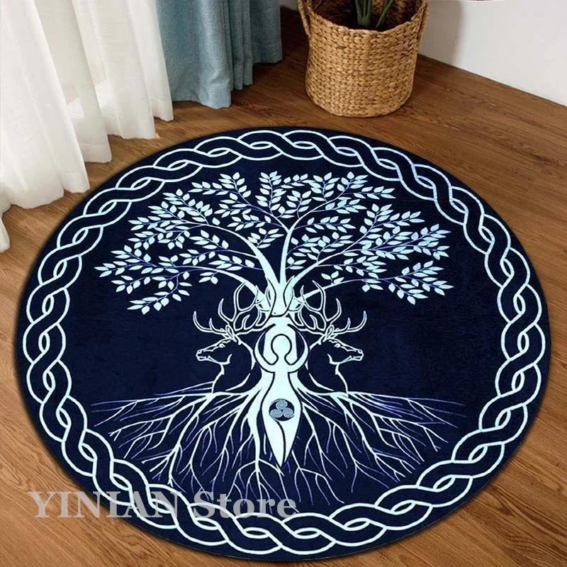 3D Viking Yggdrasil Tree of Life Area Rug Round Carpet Rugs for Living Room Bedroom Sofa Decoration Kids Play Non-slip Floor Mat