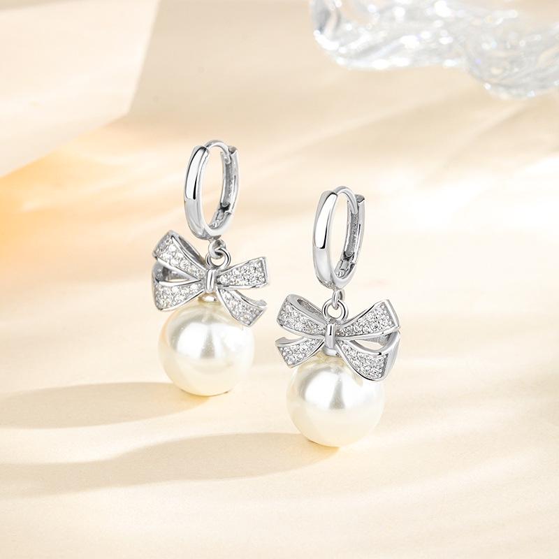 S925 Sterling Silver Bowknot Pearl Earrings - Elegant, Versatile Women's Stud Dangle