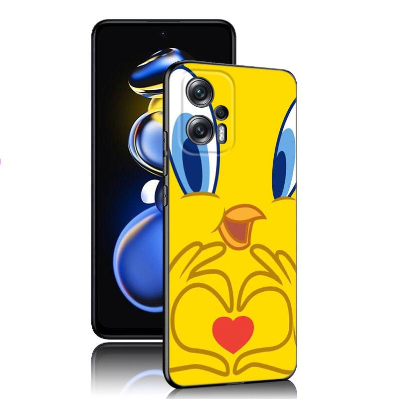 Yellow Cartoon Bird Black Silicone Phone Case For Xiaomi POCO X3 X4 NFC F4 GT F5 F6 M3 M4 M6 X5 X6 Pro 5G M5 C55 C65